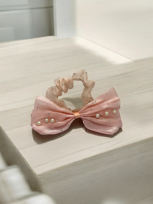 Peach Bow Pearl Scrunchies Hair Band
