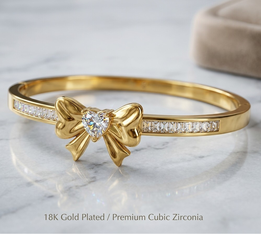 Amélie Princess Cut Bow Cuff - 18K Gold Plated Anti tarnish Stainless Steel Kada Bracelet