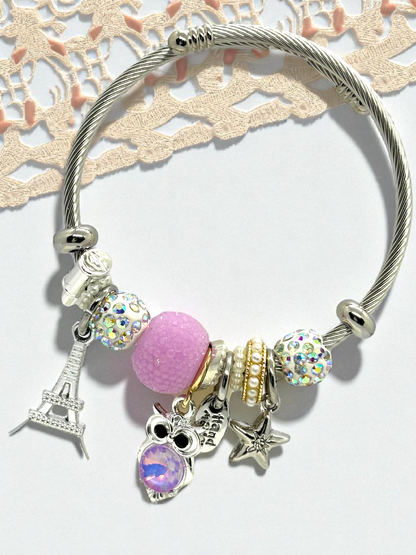 Anti Tarnished Silver Plated Owl and Eiffel Tower Charm Bracelet