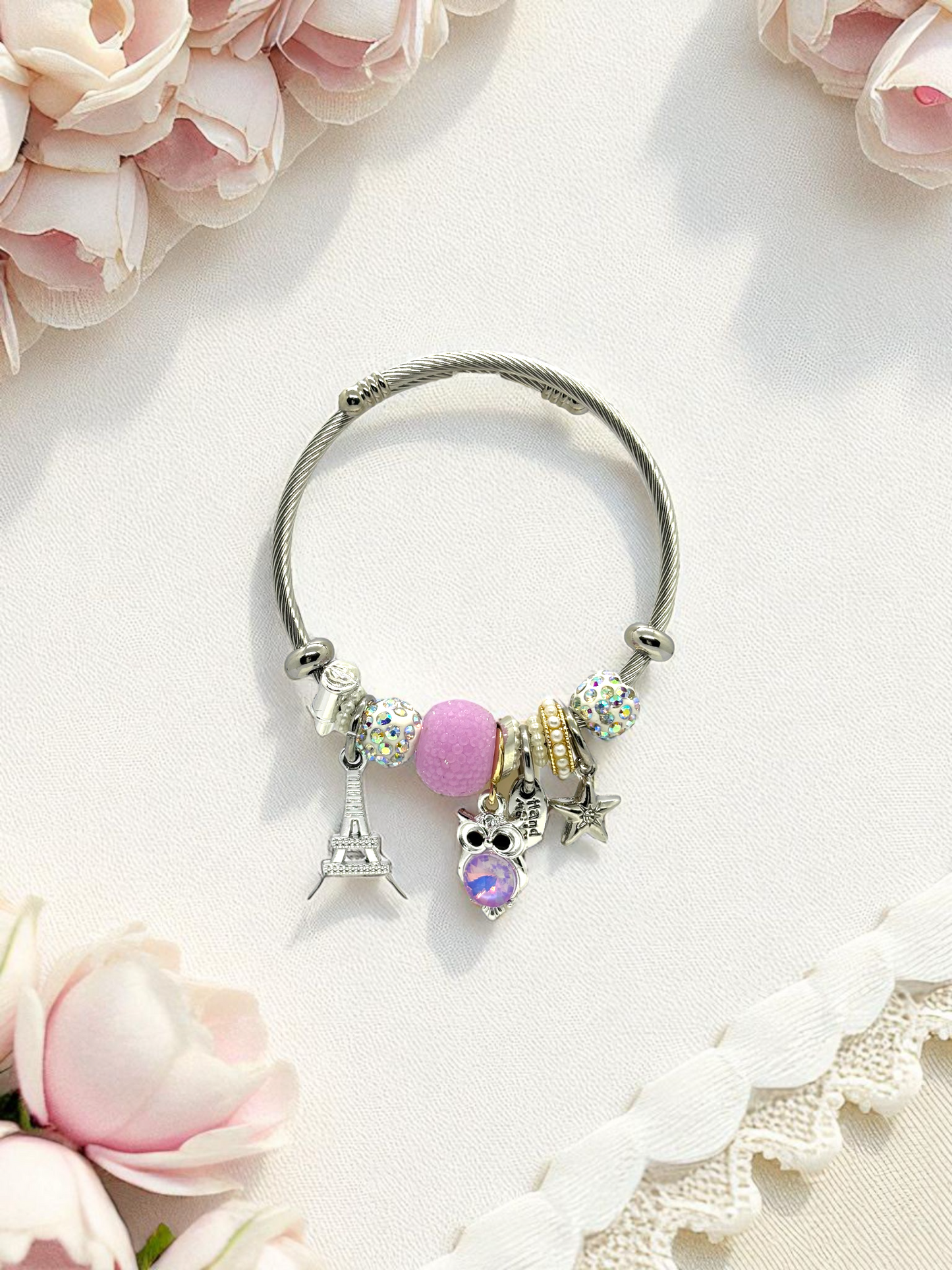 Anti Tarnished Silver Plated Owl and Eiffel Tower Charm Bracelet