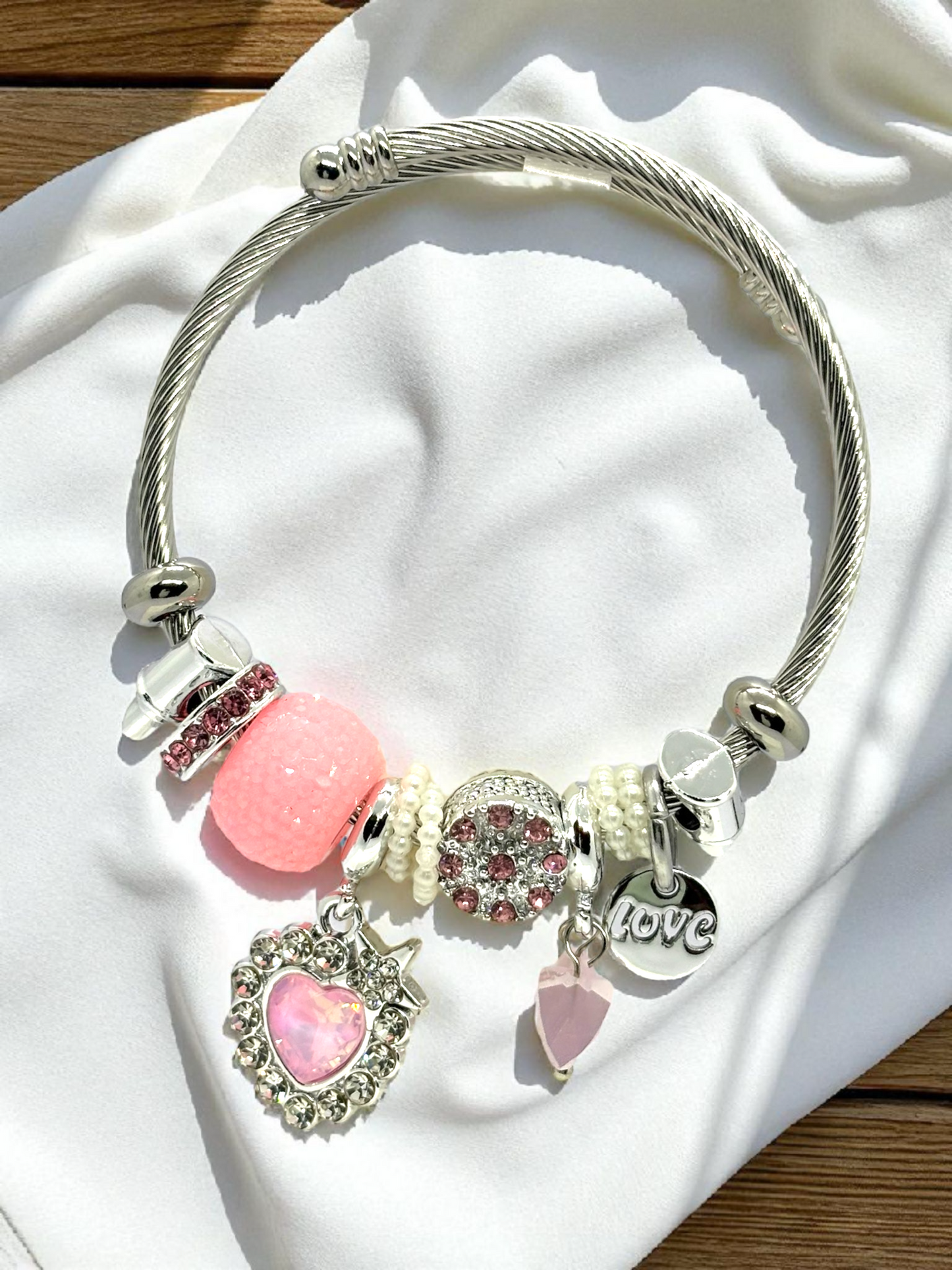Anti Tarnished Silver Plated Love and Pink Heart Charm Bracelet