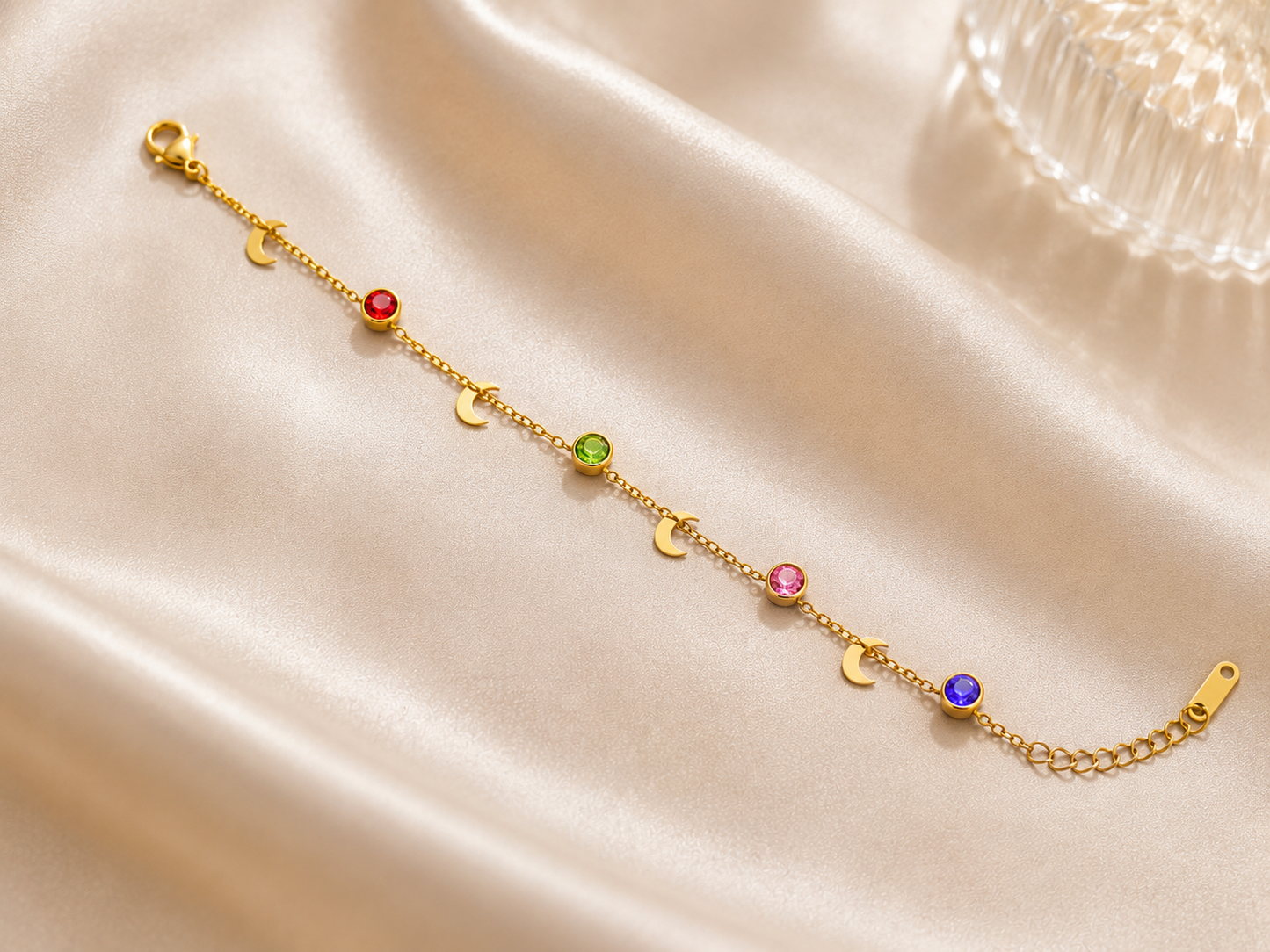 Crescent Moon Drop & Crystal - Anti tarnish Stainless Steel Chain Bracelet