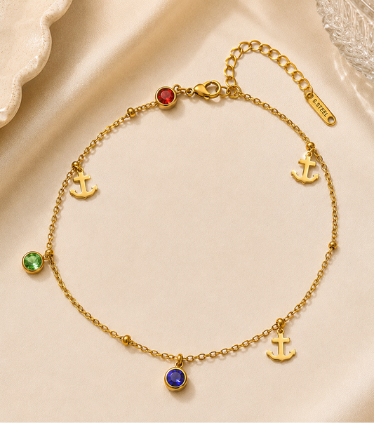 Lucky Anchor & Crystal Gold Plated Anti Tarnish Stainless Steel Anklet