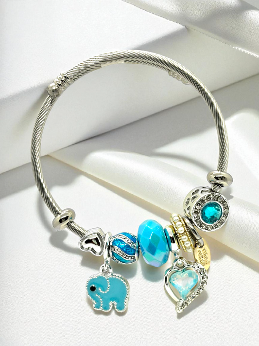 Anti Tarnished Silver Plate Elephant and Heart Charm Bracelet