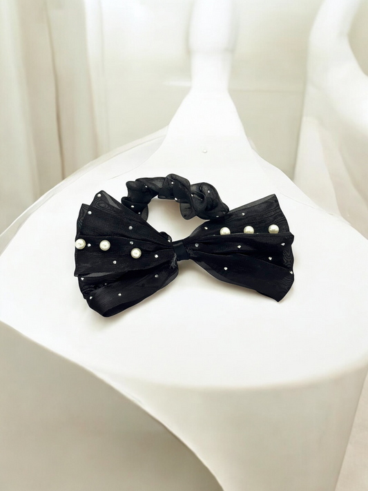 Black Bow Pearl Scrunchies Hair Band