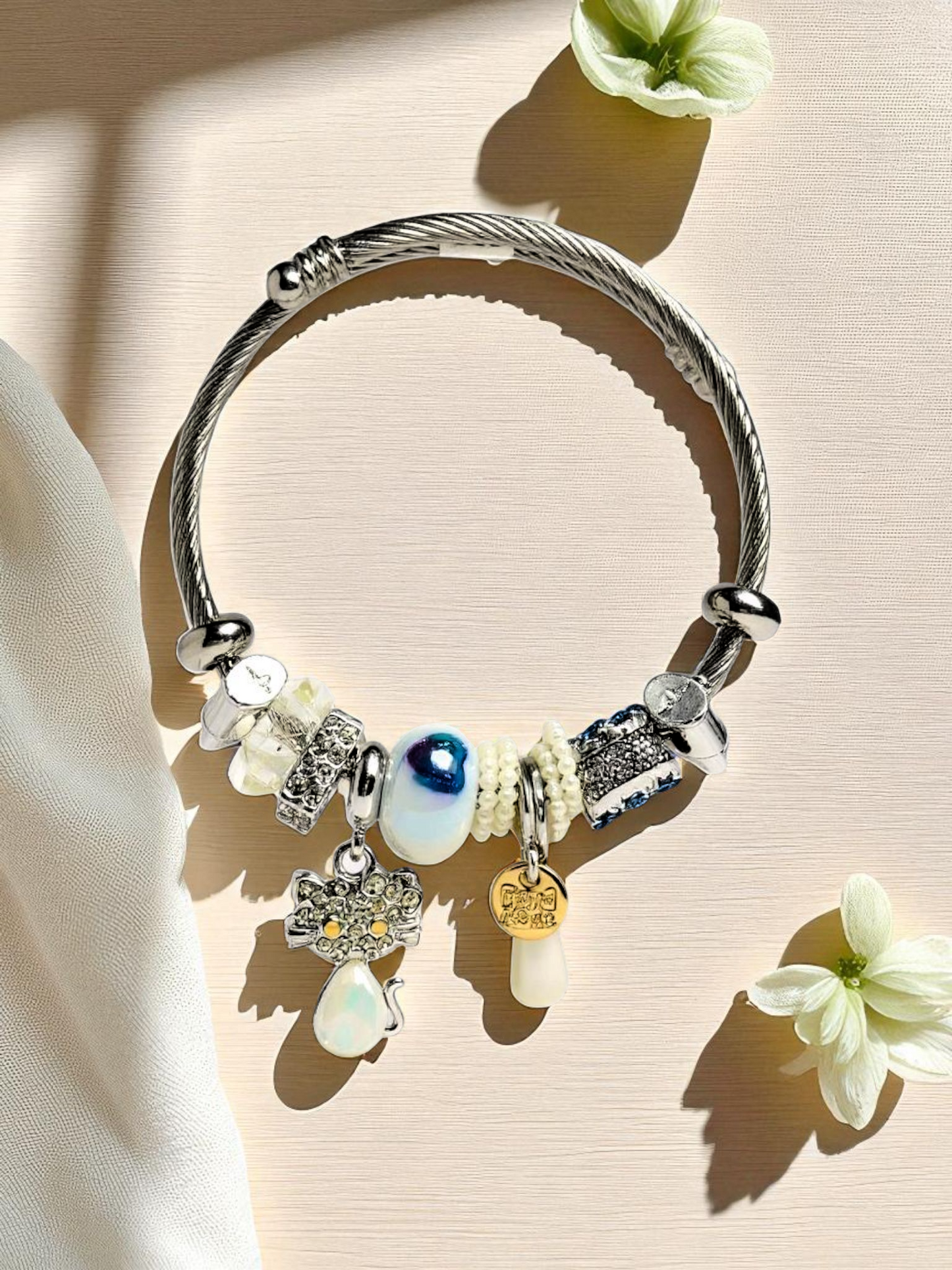 Anti Tarnished Silver Plated White Cat Charm Bracelet