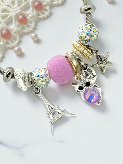 Anti Tarnished Silver Plated Owl and Eiffel Tower Charm Bracelet