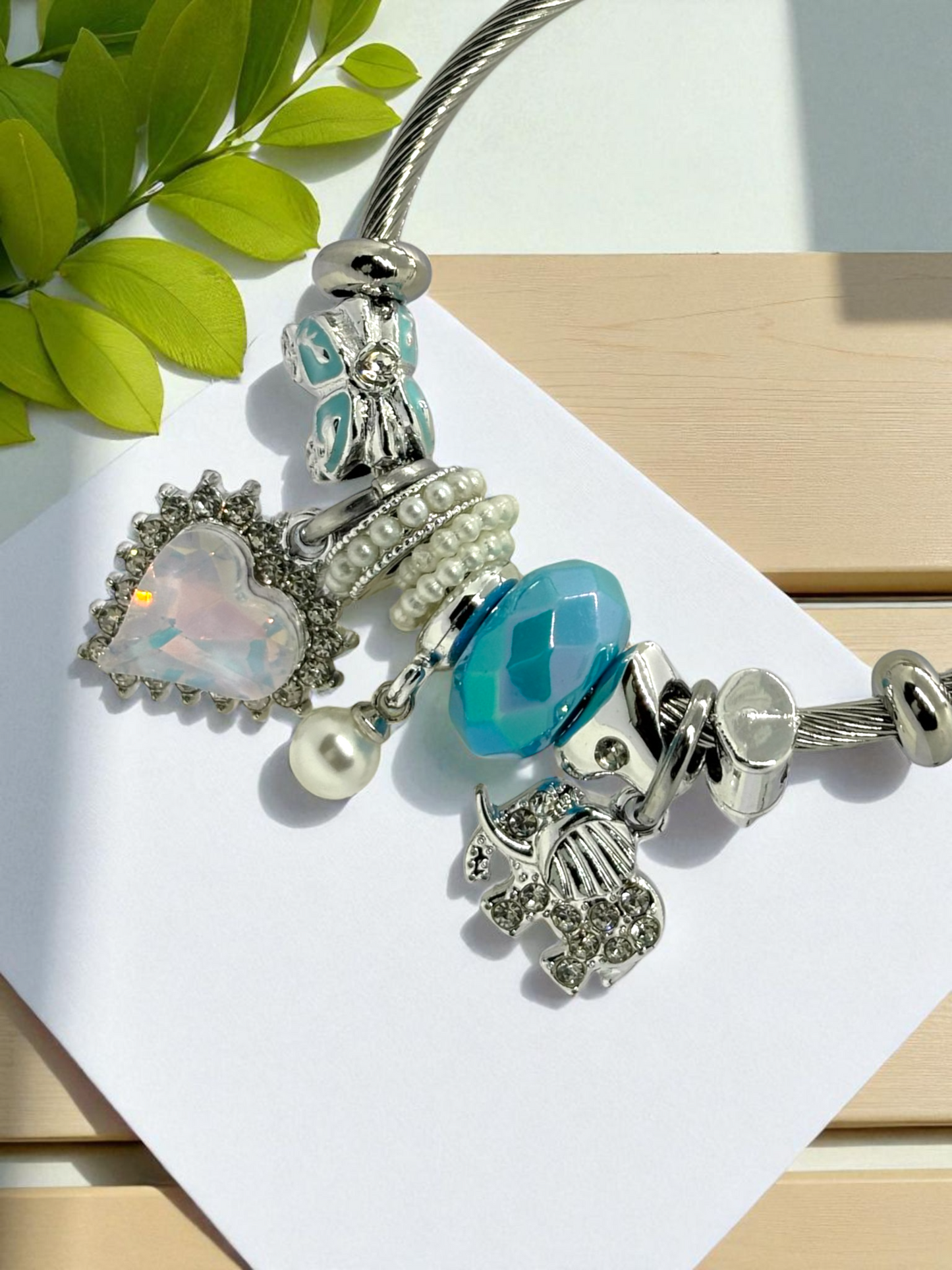 Anti Tarnished Silver Plated Heart Pearl and Elephant Charm Bracelet