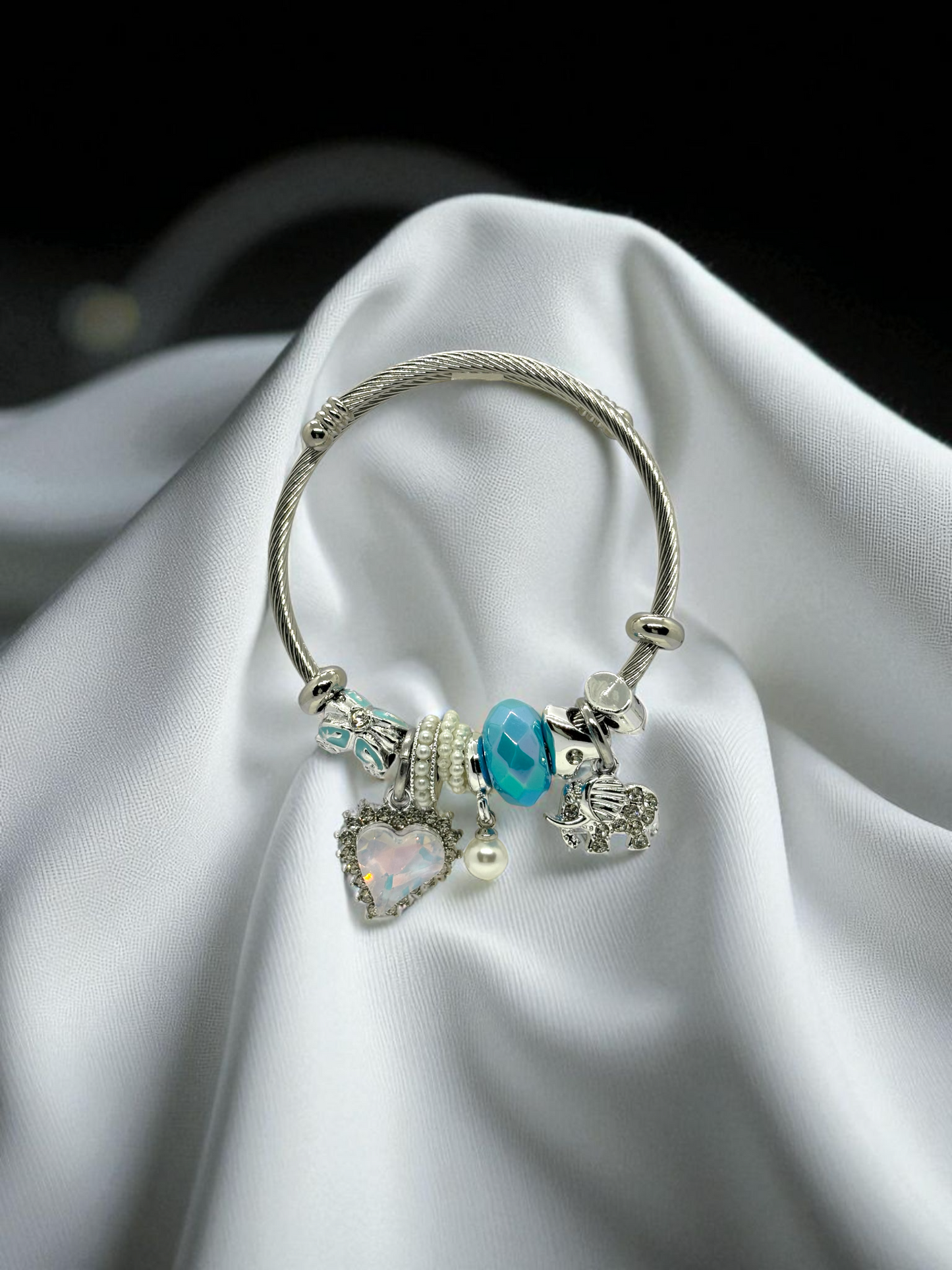 Anti Tarnished Silver Plated Heart Pearl and Elephant Charm Bracelet