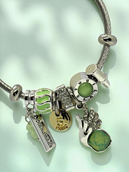 Anti Tarnished Silver Plated Green Pearl Charm Bracelet