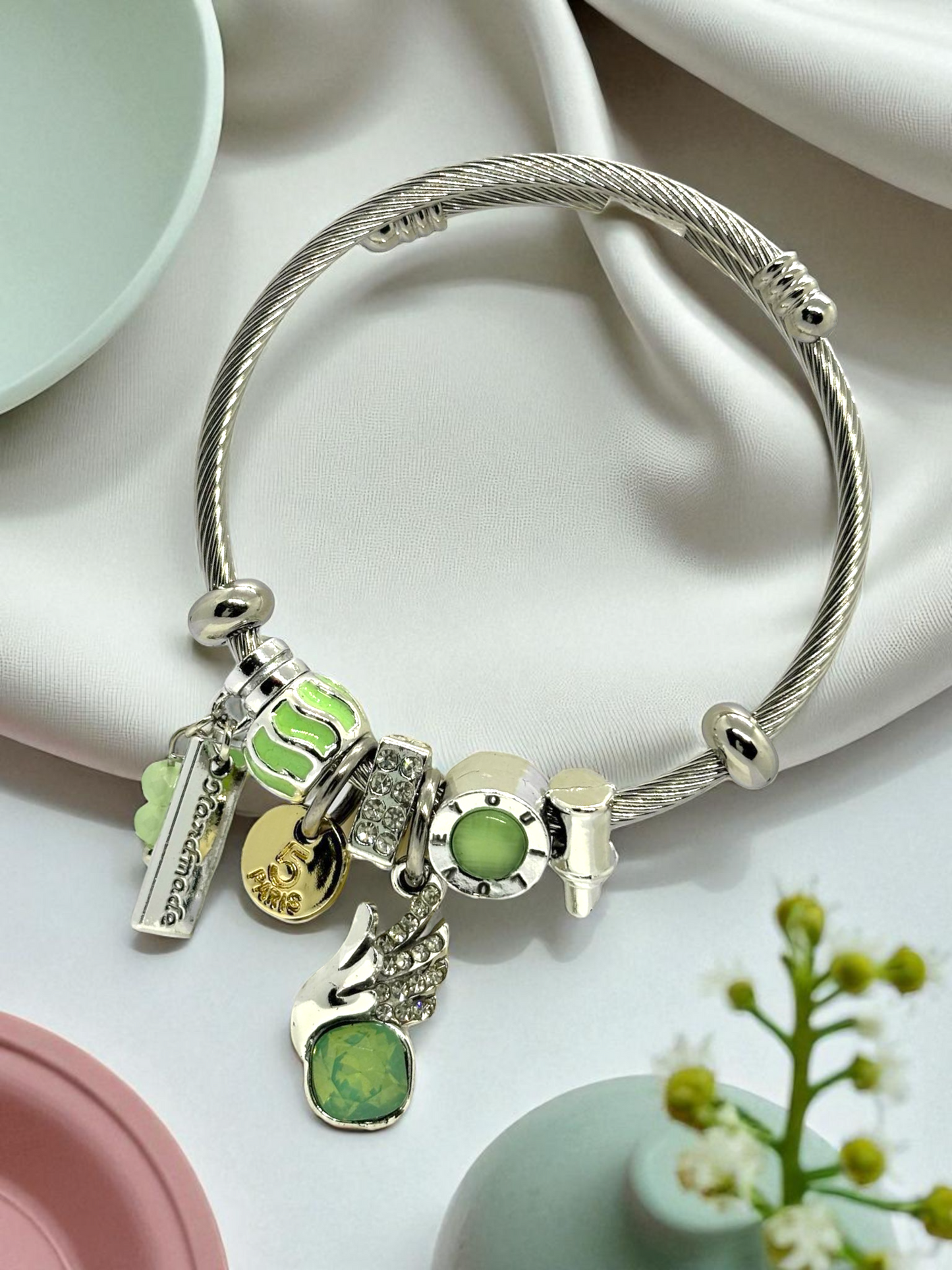 Anti Tarnished Silver Plated Green Pearl Charm Bracelet