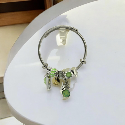 Anti Tarnished Silver Plated Green Pearl Charm Bracelet