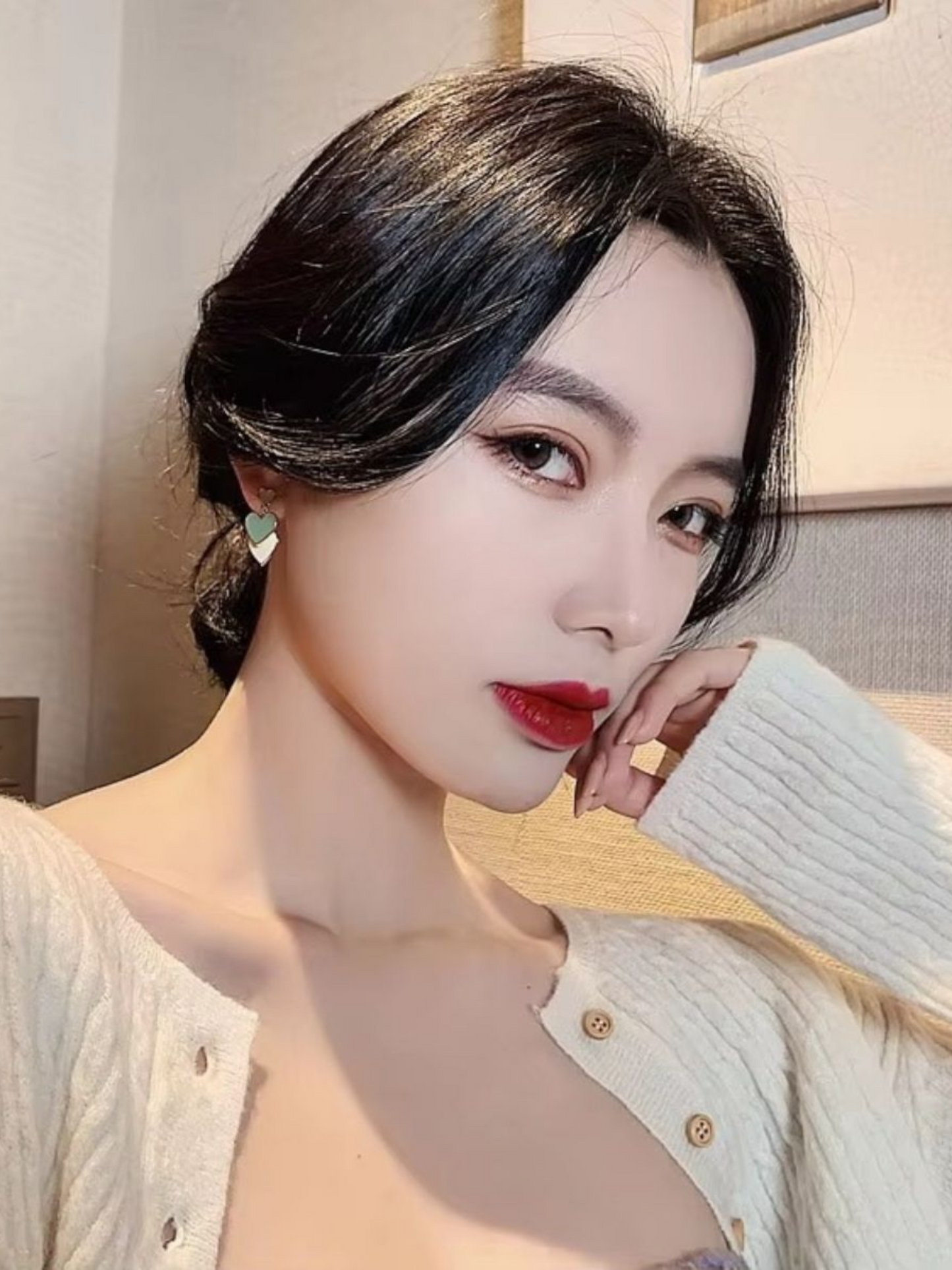 Triple Hearts Green Tone Enamel Korean Earrings