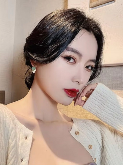 Triple Hearts Green Tone Enamel Korean Earrings