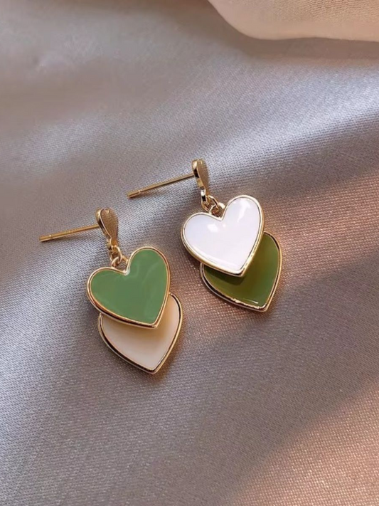 Triple Hearts Green Tone Enamel Korean Earrings