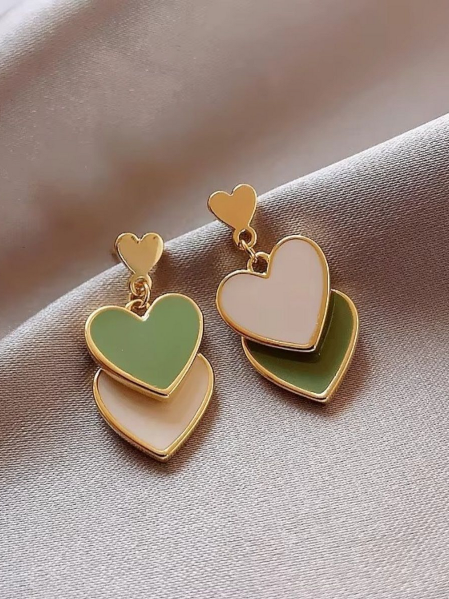 Triple Hearts Green Tone Enamel Korean Earrings