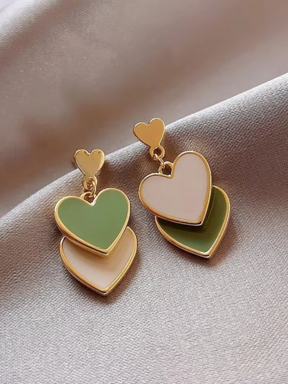 Triple Hearts Green Tone Enamel Korean Earrings