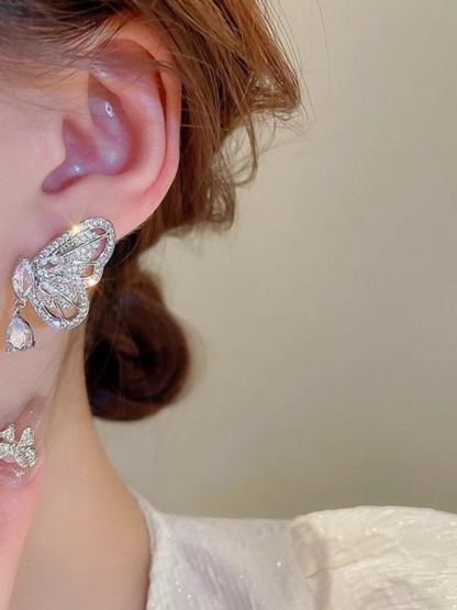 Butterfly Wings Zerconia Studded Silver Color Earrings