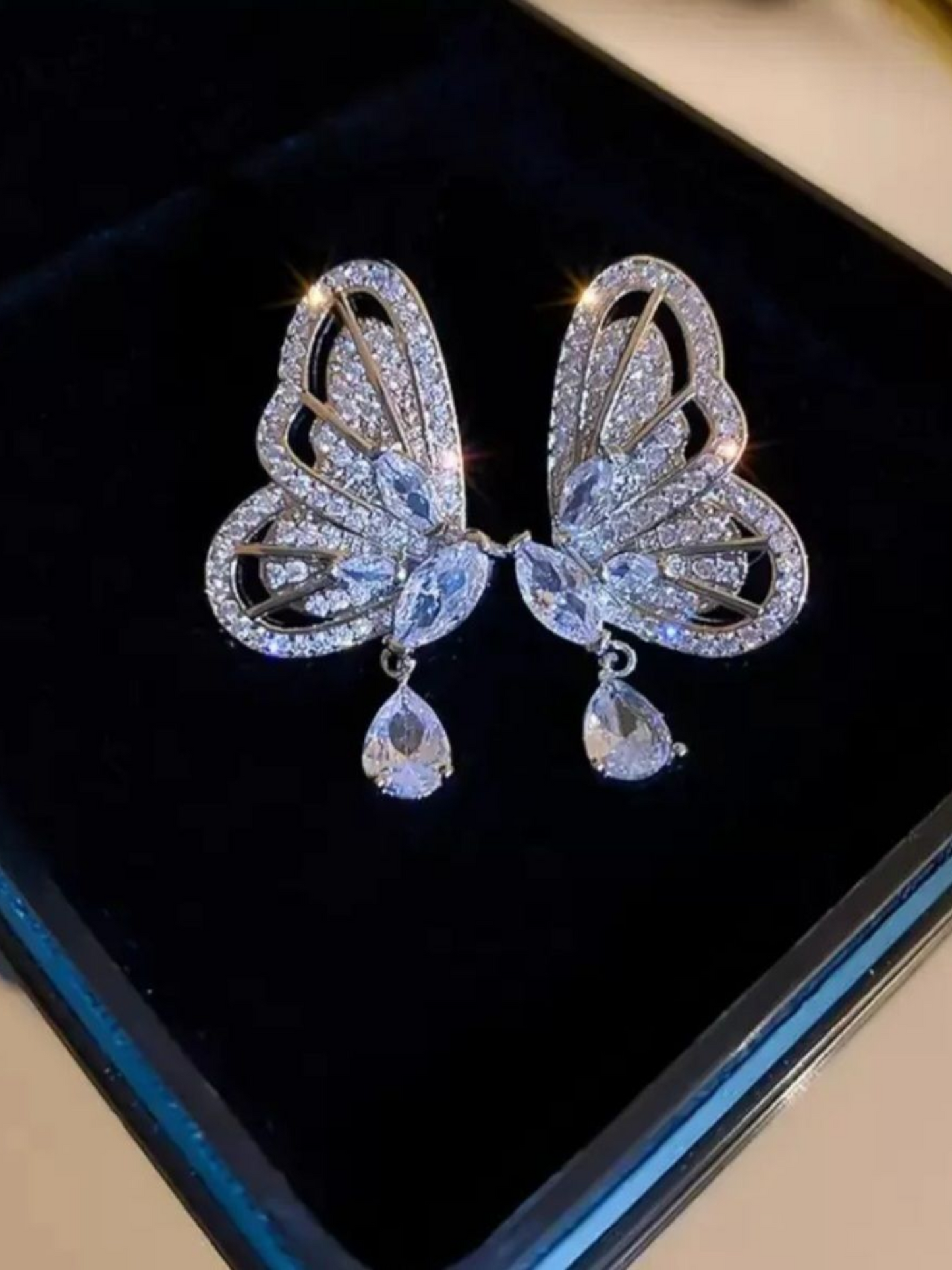 Butterfly Wings Zerconia Studded Silver Color Earrings