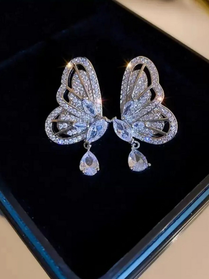 Butterfly Wings Zerconia Studded Silver Color Earrings
