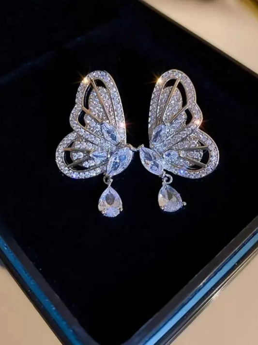 Butterfly Wings Zerconia Studded Silver Color Earrings