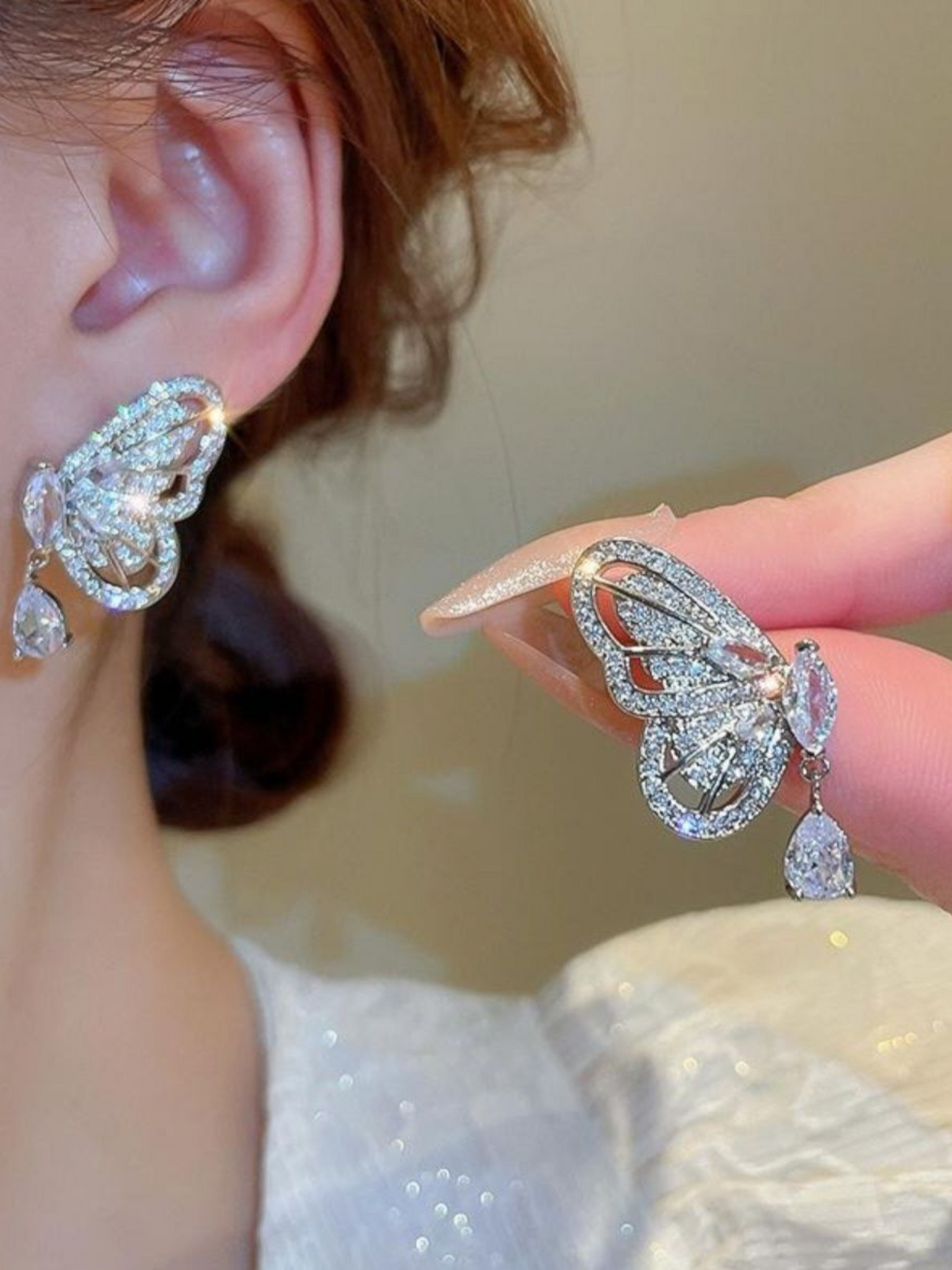 Butterfly Wings Zerconia Studded Silver Color Earrings