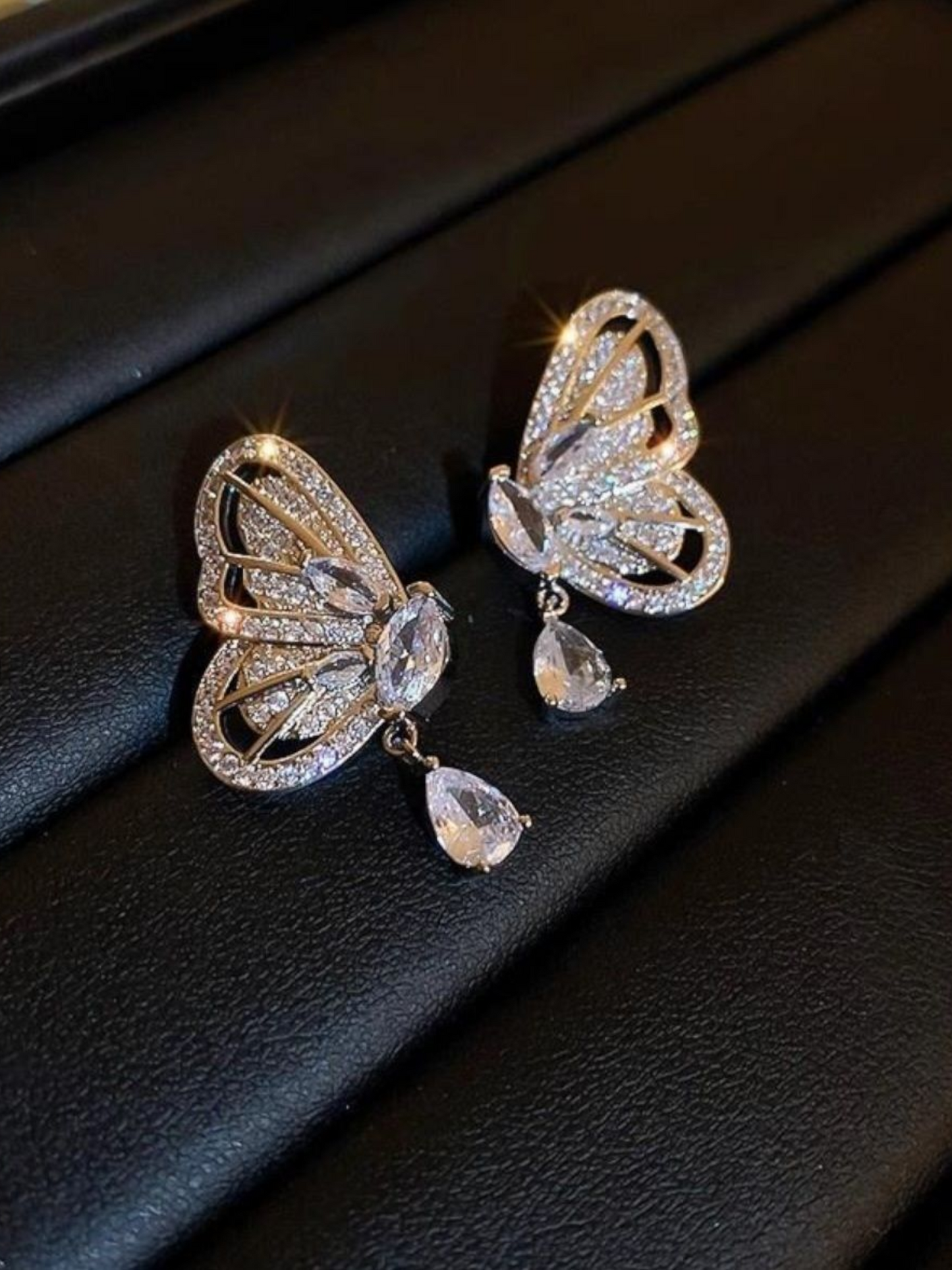 Butterfly Wings Zerconia Studded Silver Color Earrings