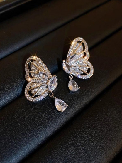 Butterfly Wings Zerconia Studded Silver Color Earrings