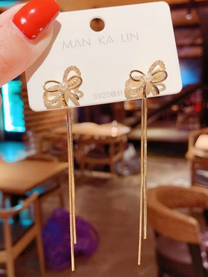 Golden Bow Tassels Korean Long Earrings