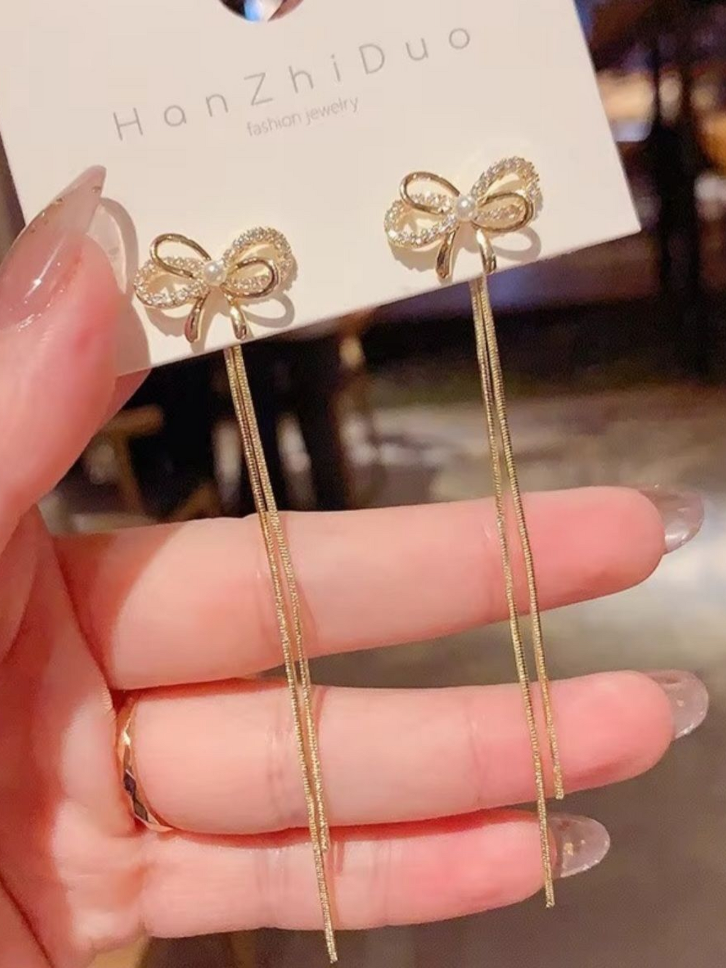 Golden Bow Tassels Korean Long Earrings