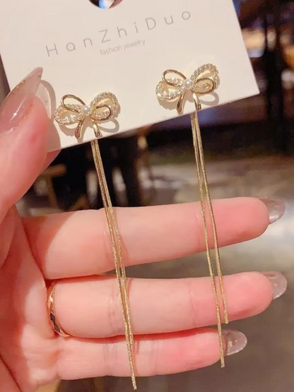 Golden Bow Tassels Korean Long Earrings
