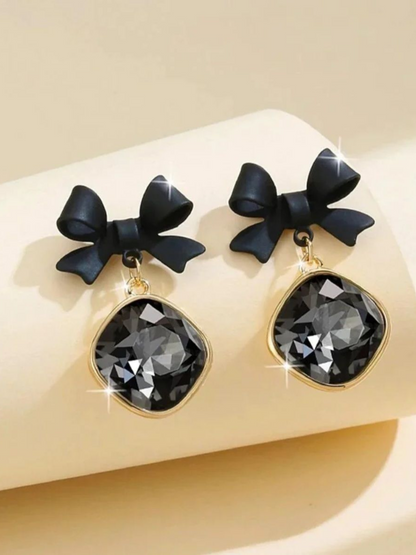 Black Bow Black Stone Cute Korean Eardrops