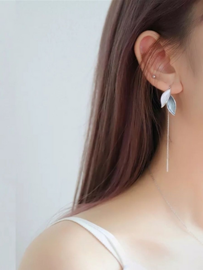 Blue Leaf Tassel Korean Earrings