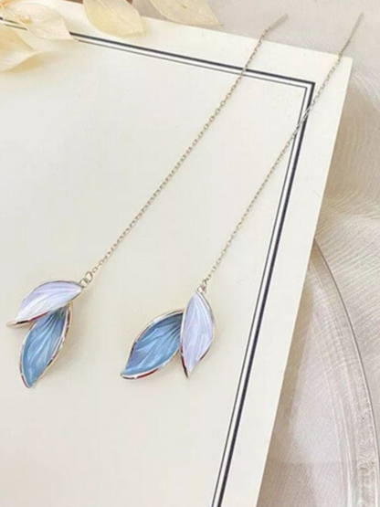 Blue Leaf Tassel Korean Earrings