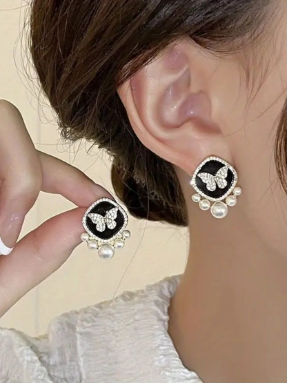 Butterfly On Pearls Korean Statement Earrings