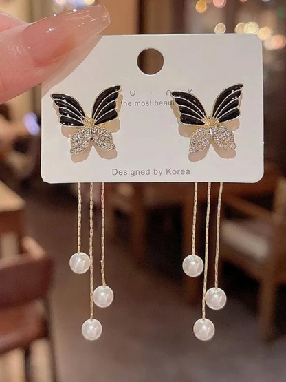 Black And Gold Butterfly Pearl Korean Dangles