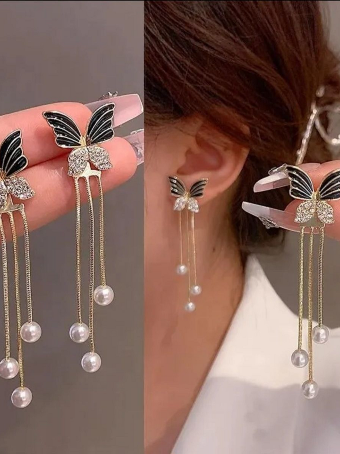 Black And Gold Butterfly Pearl Korean Dangles