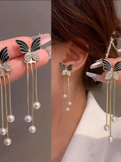 Black And Gold Butterfly Pearl Korean Dangles