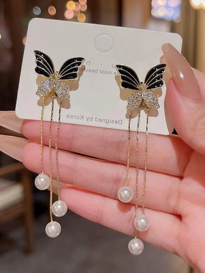 Black And Gold Butterfly Pearl Korean Dangles