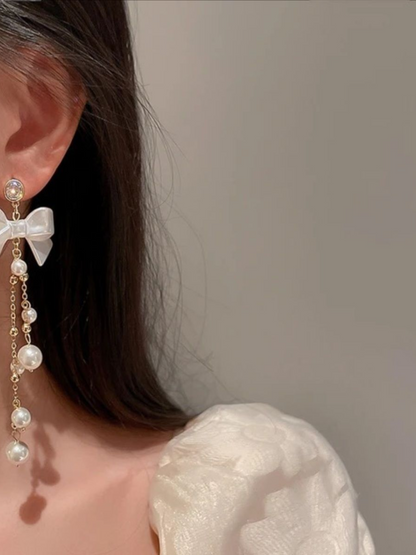 Velvety White Bow And Pearls Korean Tassels Long Earrings