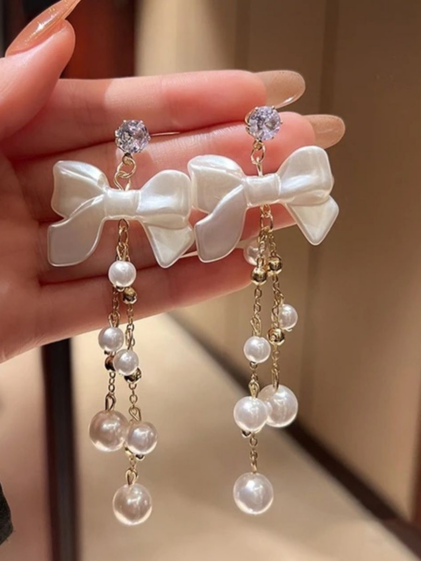 Velvety White Bow And Pearls Korean Tassels Long Earrings
