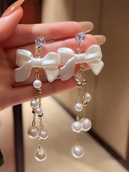 Velvety White Bow And Pearls Korean Tassels Long Earrings