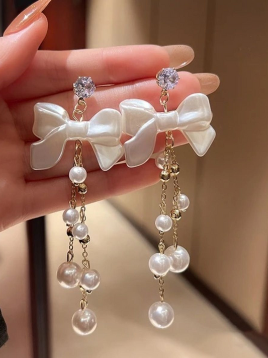 Velvety White Bow And Pearls Korean Tassels Long Earrings