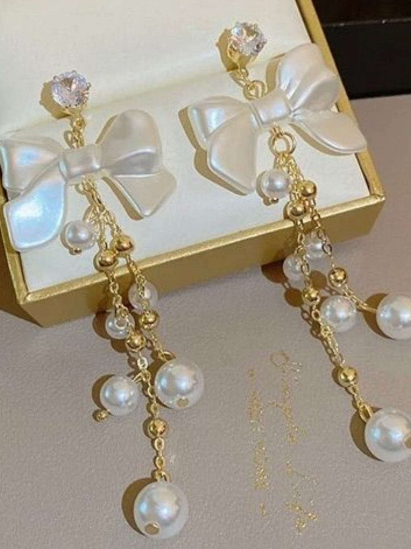 Velvety White Bow And Pearls Korean Tassels Long Earrings