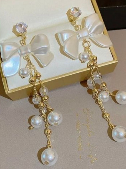Velvety White Bow And Pearls Korean Tassels Long Earrings