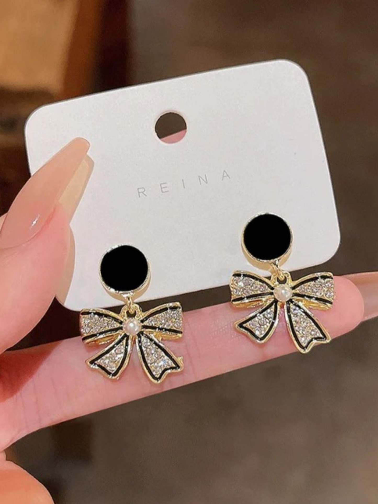 Gold And Black Bow Drops Korean Earrings