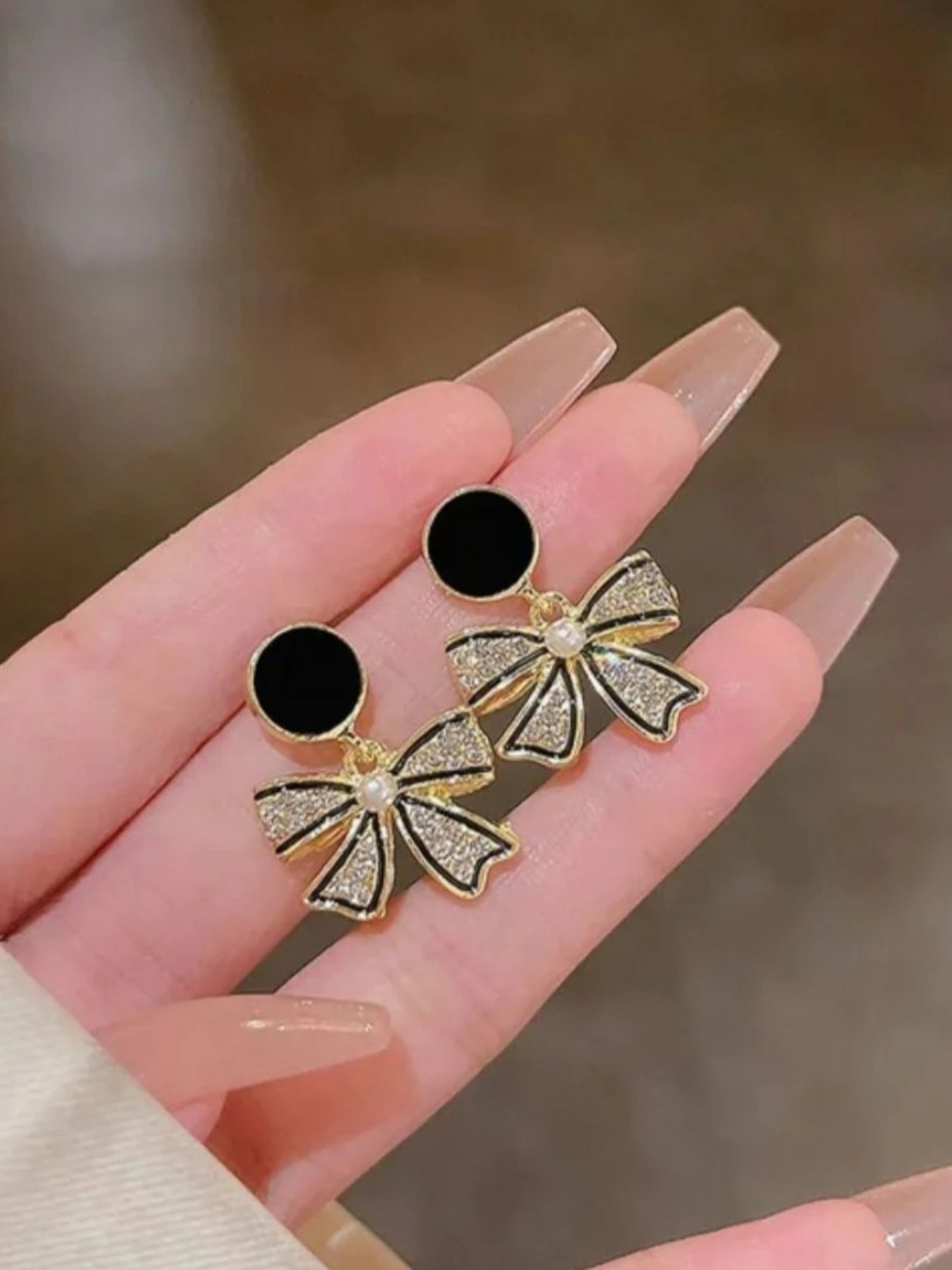 Gold And Black Bow Drops Korean Earrings