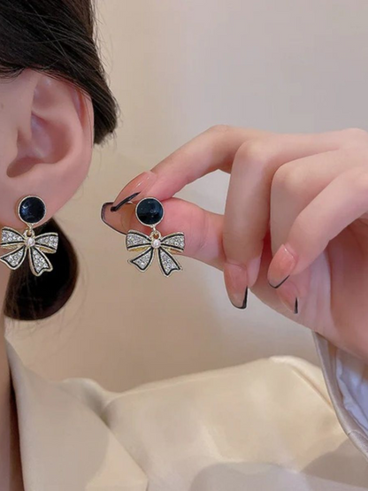 Gold And Black Bow Drops Korean Earrings