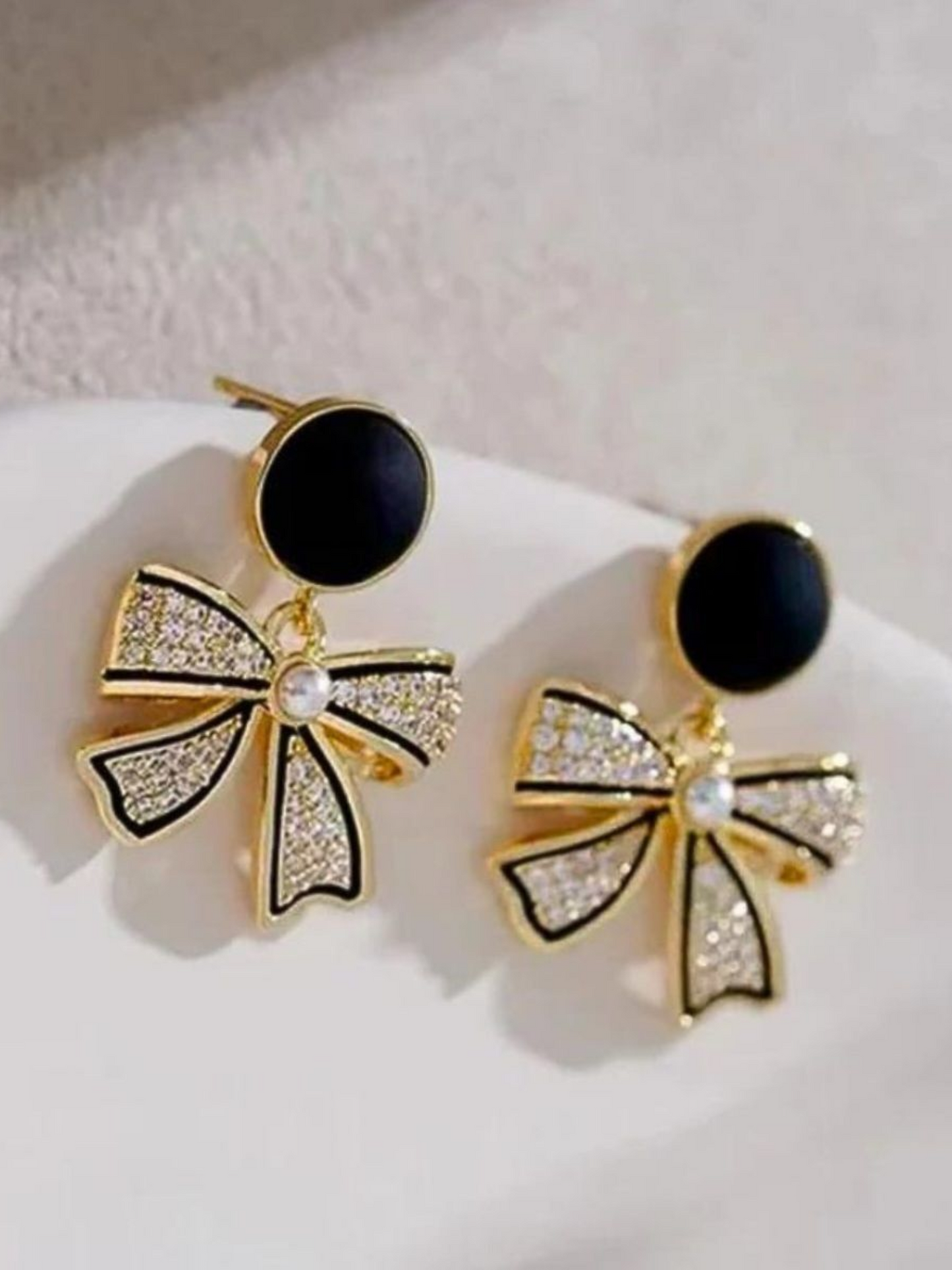 Gold And Black Bow Drops Korean Earrings