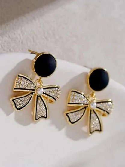 Gold And Black Bow Drops Korean Earrings
